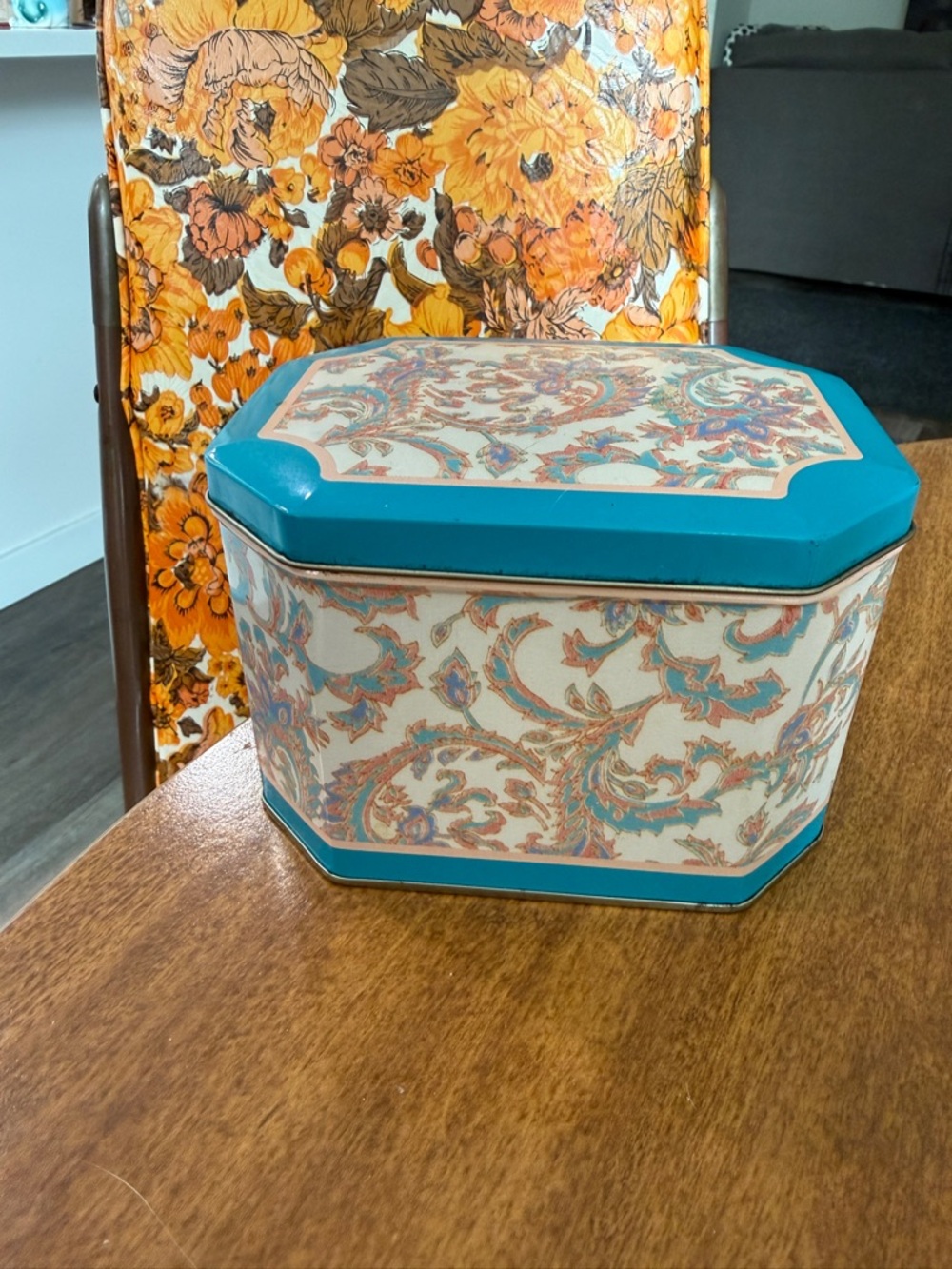 Vintage Turquoise Floral Decorative Storage Tin - Home Accents